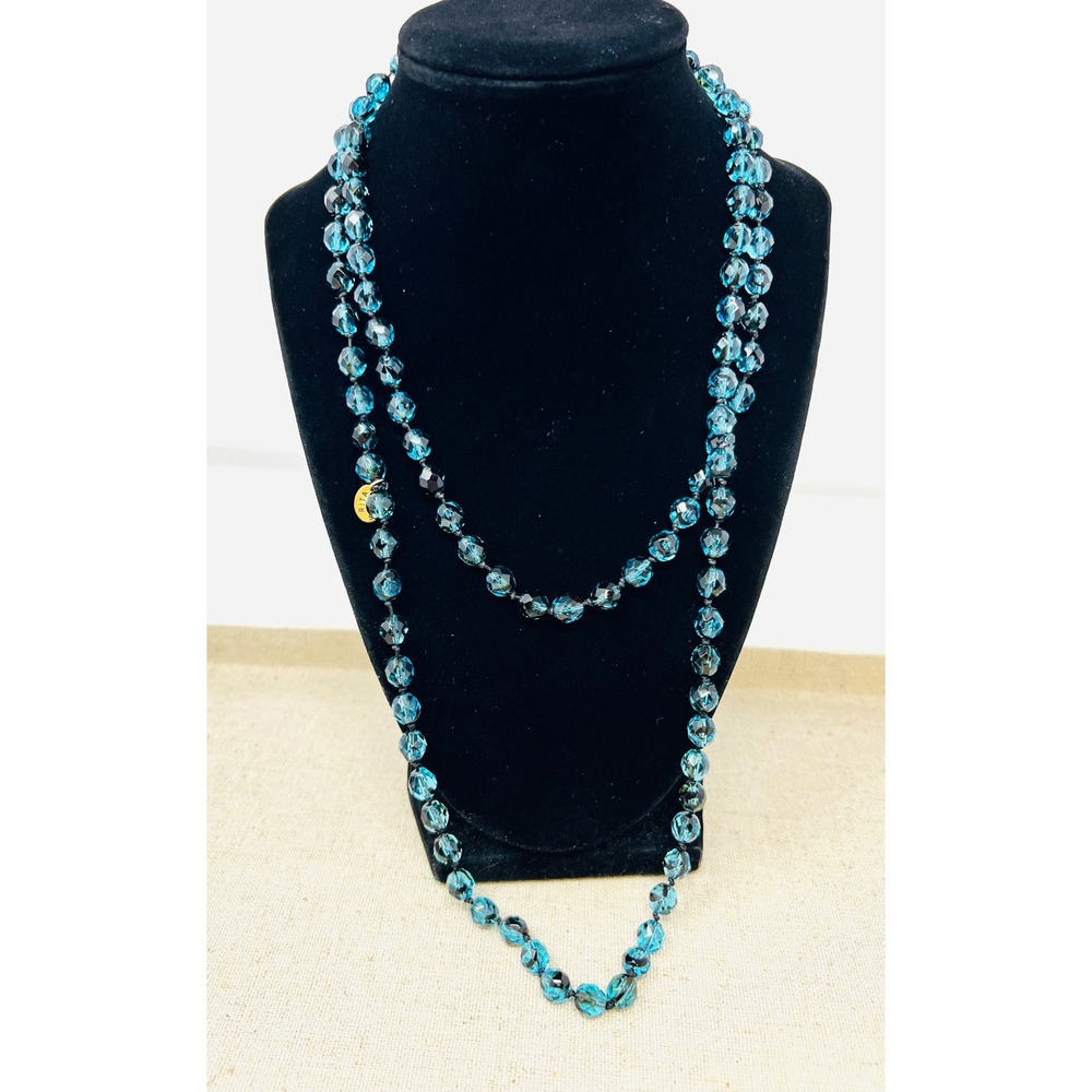 Rita Serjani Teal Blue Faceted Glass Bead Hand Knotted Long Strand Necklace
